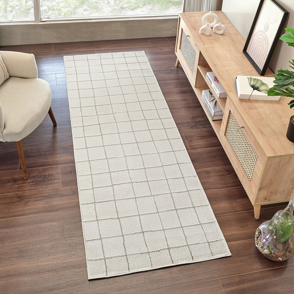 taupe ivory scandi rug in a room with matching decor