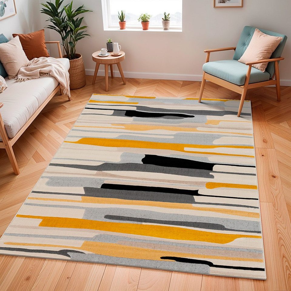 multicolour abstract rug in a room with matching decor