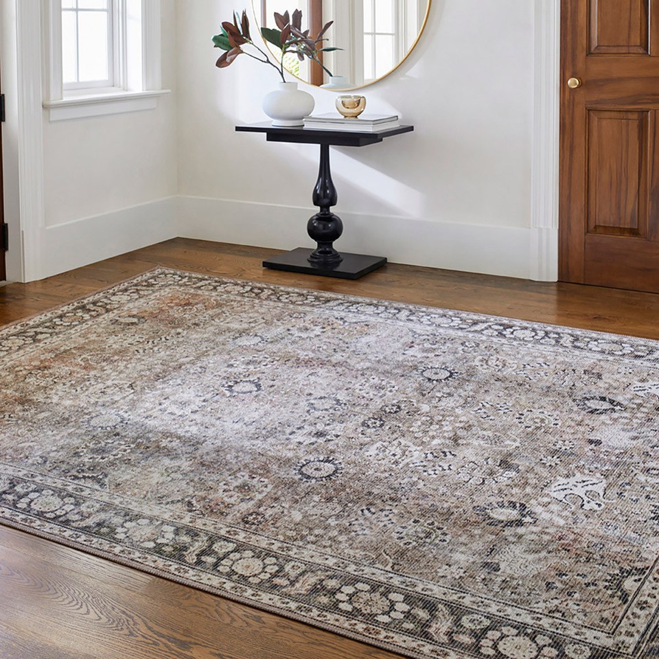 brown traditional rug in a room with matching decor