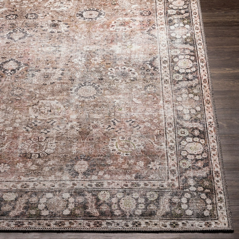 brown traditional rug closeup corner on wood floor