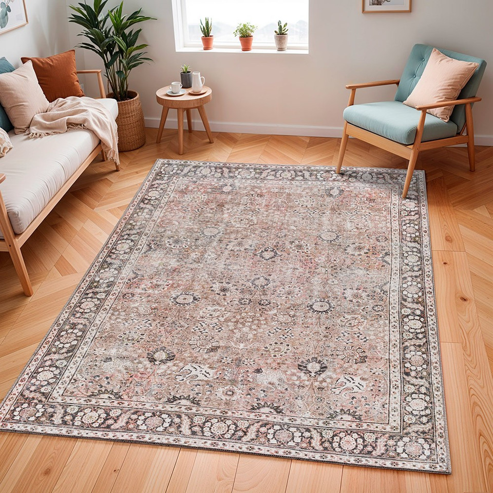 brown traditional rug in a room with matching decor