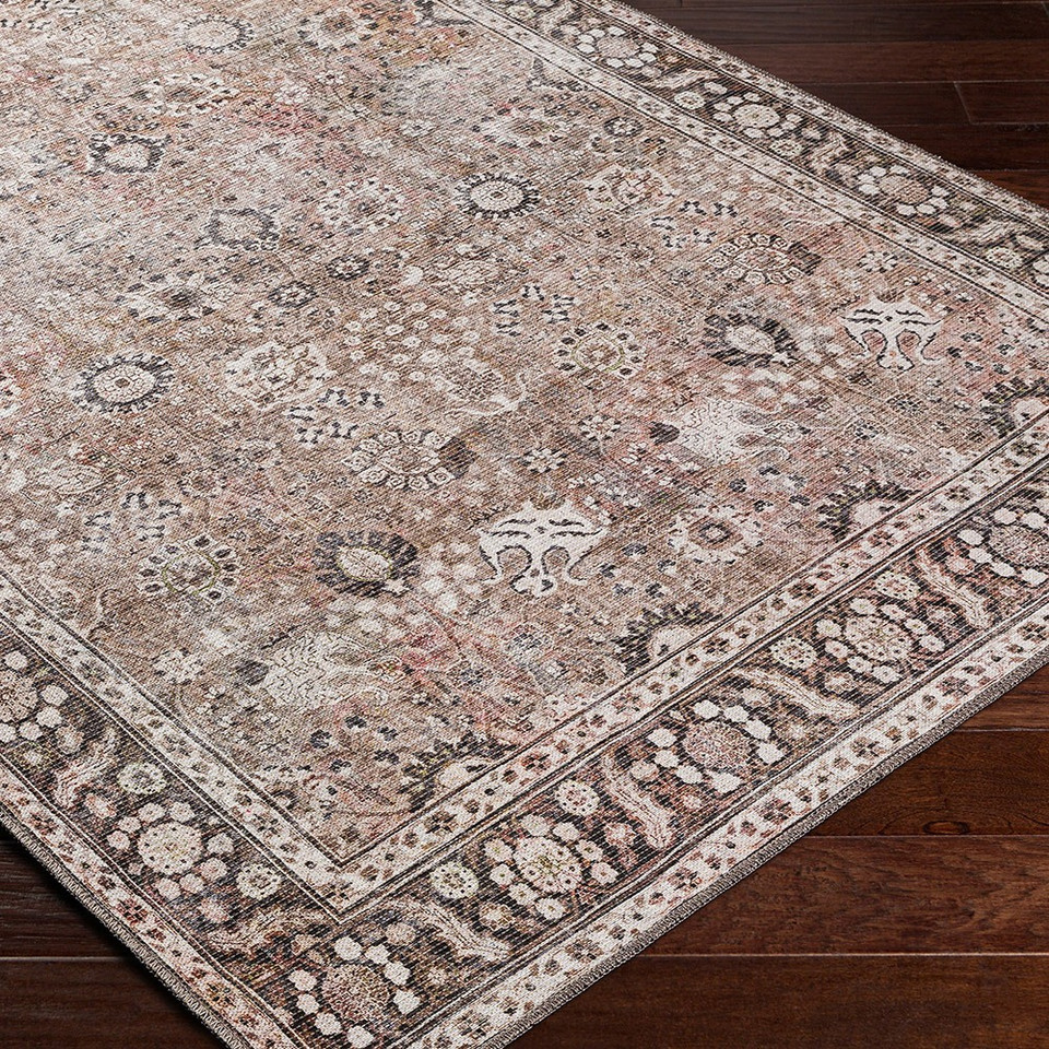 brown traditional rug closeup corner on wood floor