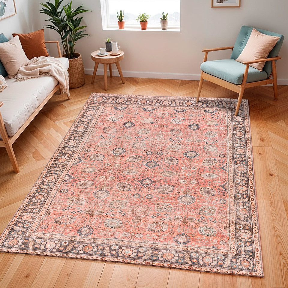 orange traditional rug in a room with matching decor