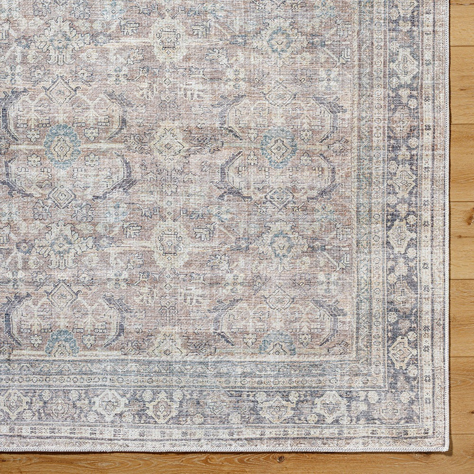 silver traditional rug closeup corner on wood floor