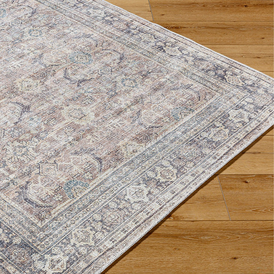 silver traditional rug closeup corner on wood floor