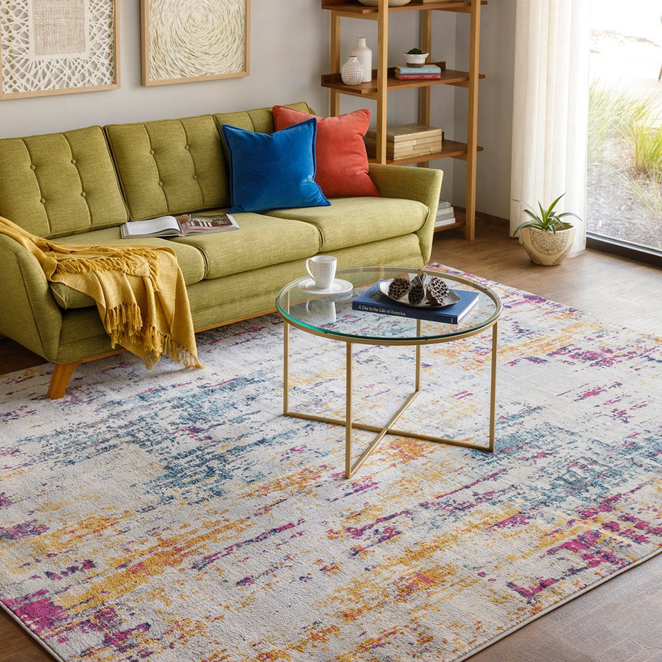multicolour abstract rug in a room with matching decor