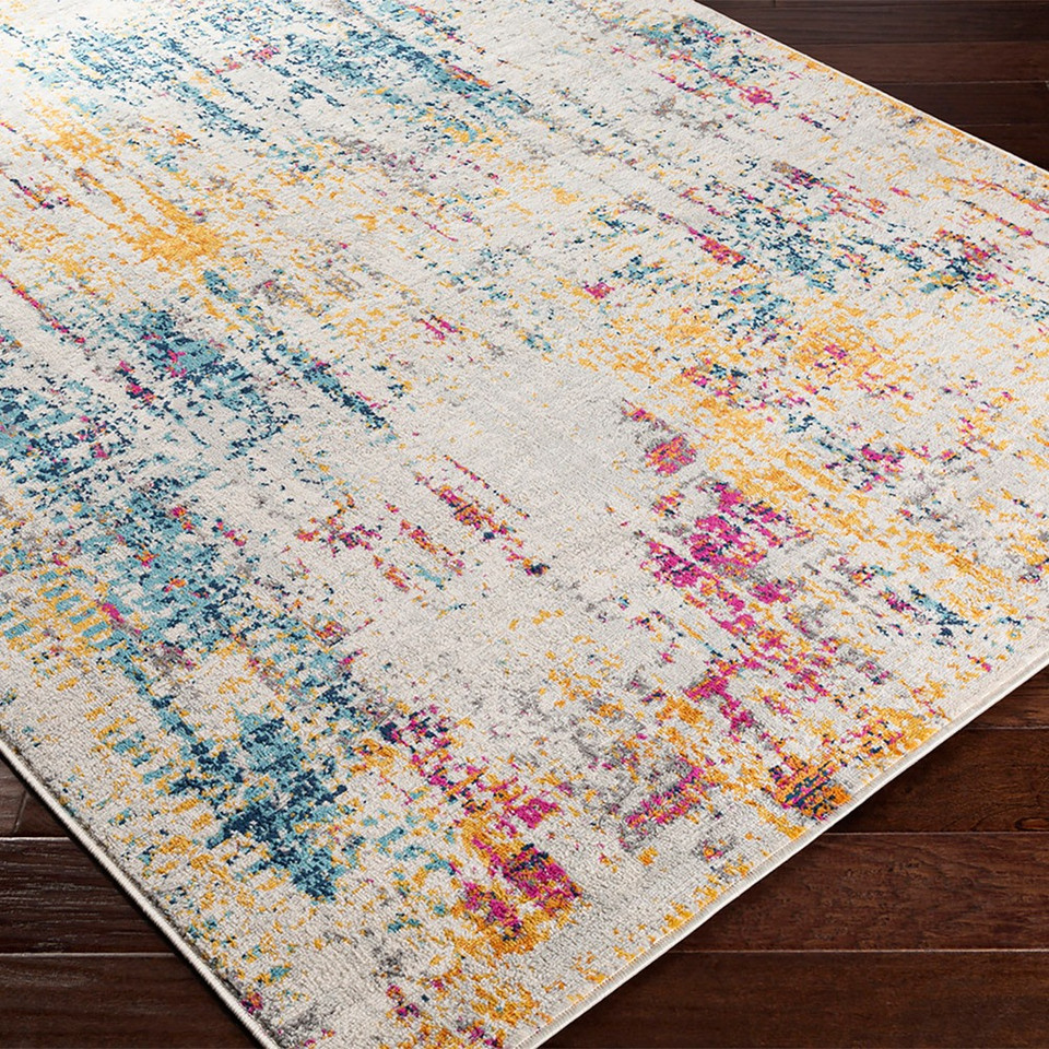 multicolour abstract rug closeup corner on wood floor