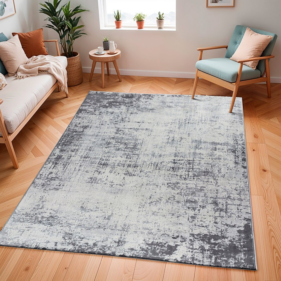 grey abstract rug in a room with matching decor