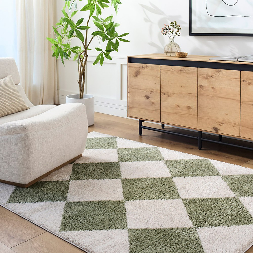 green diamond shaggy rug in a room with matching decor