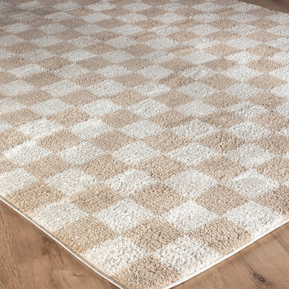 beige checker shaggy rug closeup corner on wood floor