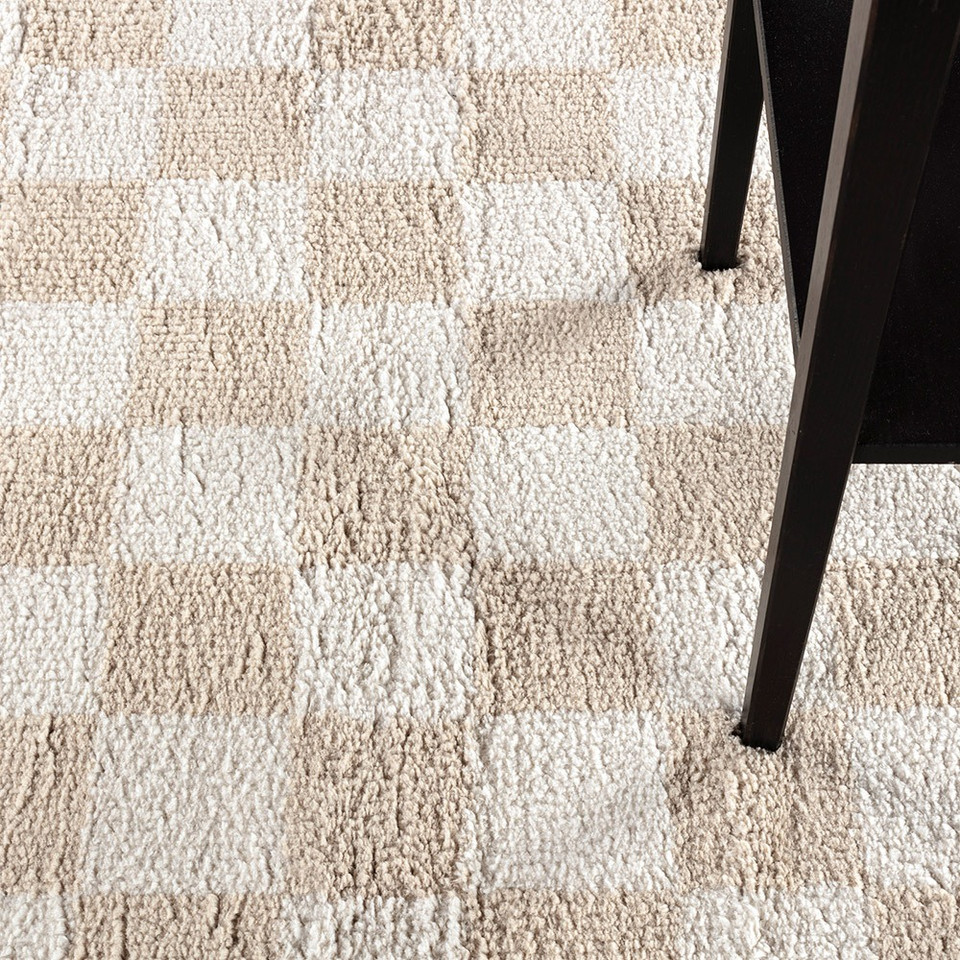 beige checker shaggy rug closeup detail