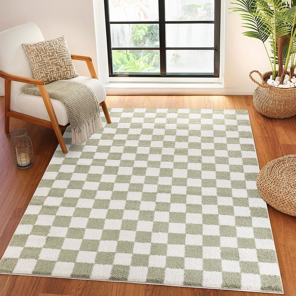green checker shaggy rug in a room with matching decor