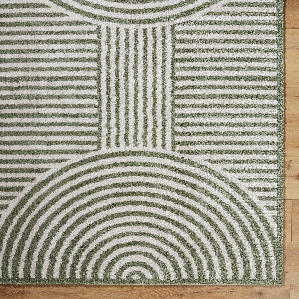 green geometric shaggy rug closeup corner on wood floor