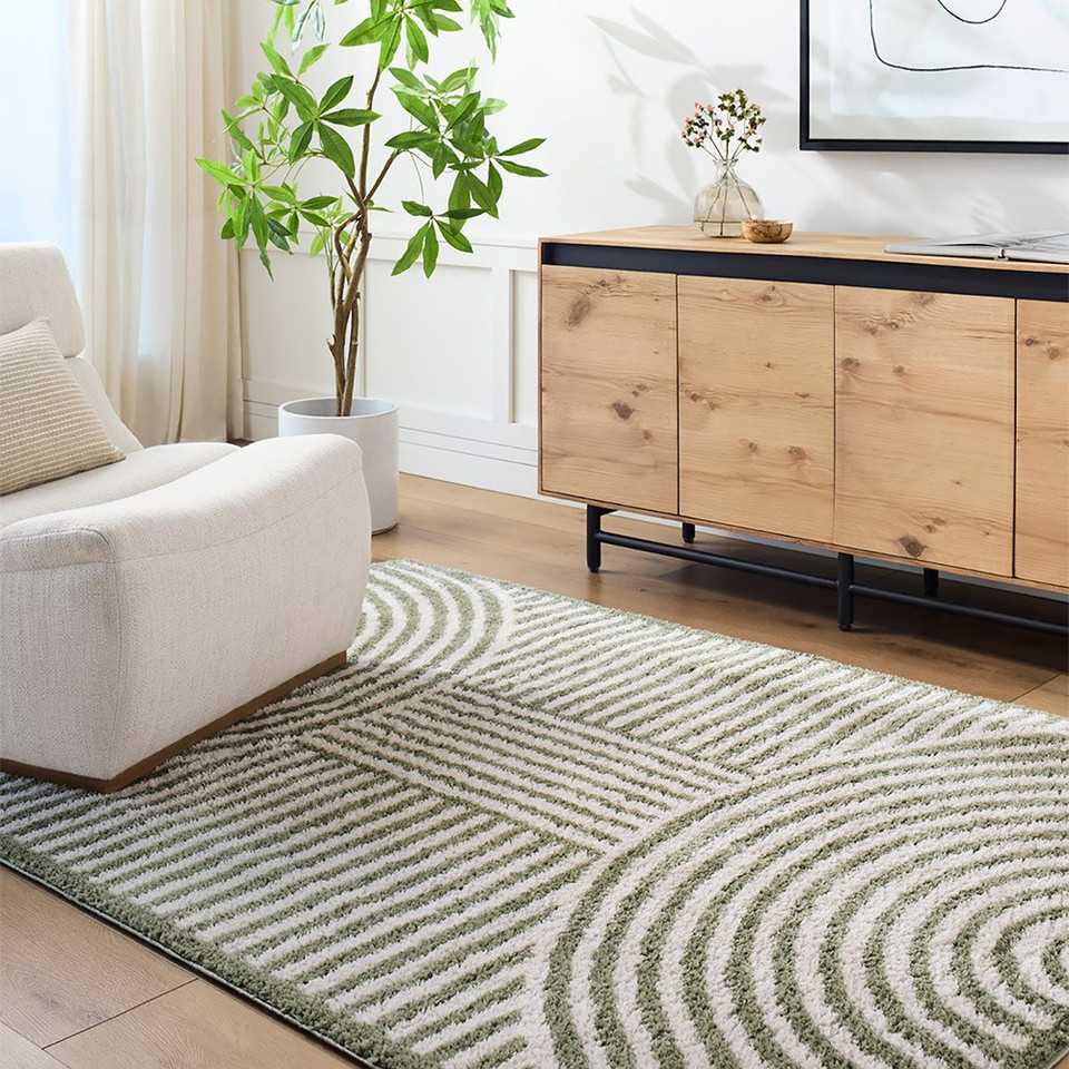 green geometric shaggy rug in a room with matching decor