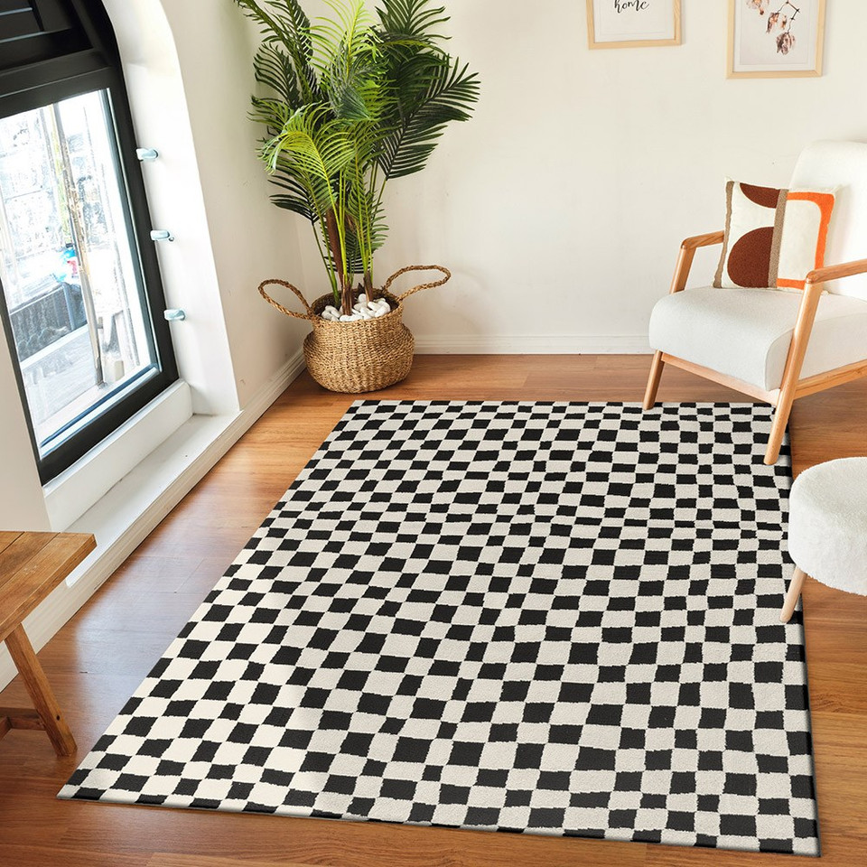 ivory black scandi rug in a room with matching decor