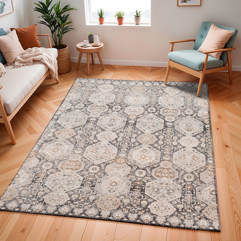 black traditional rug in a room with matching decor