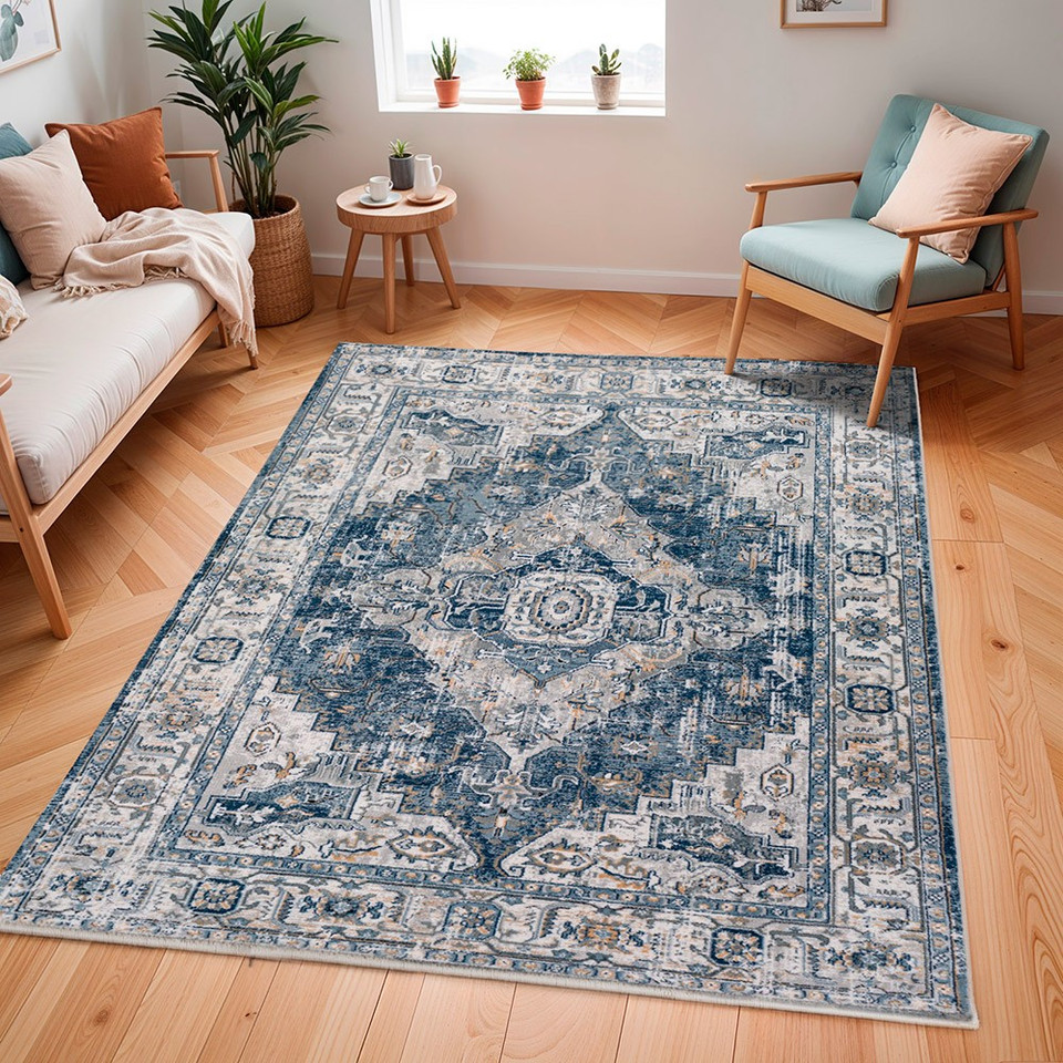 blue traditional rug in a room with matching decor