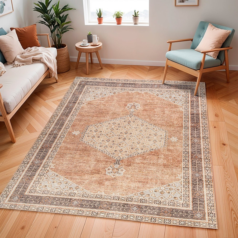 cinnamon traditional rug in a room with matching decor