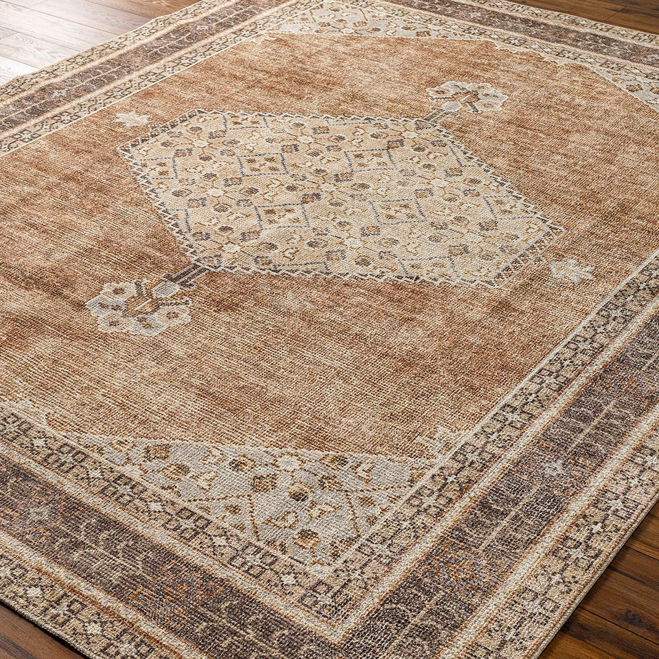 cinnamon traditional rug closeup corner on wood floor