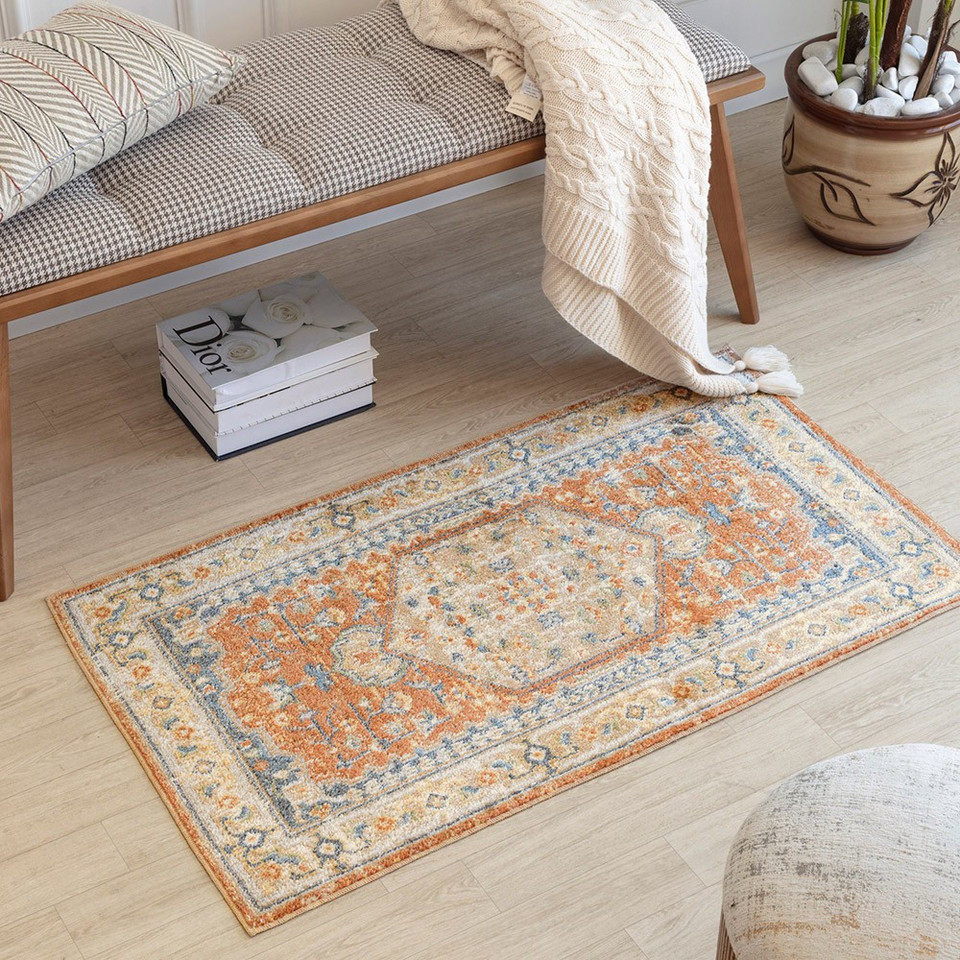 orange traditional rug in a room with matching decor