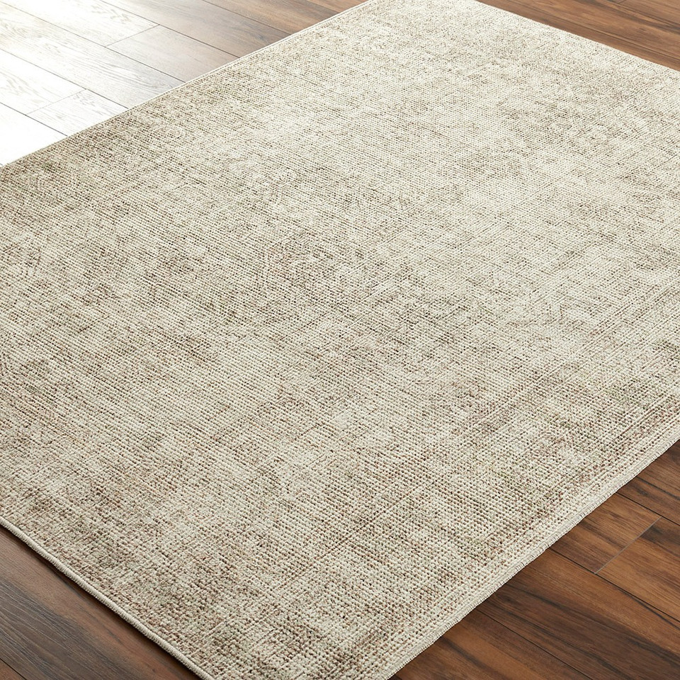 sage traditional rug closeup corner on wood floor