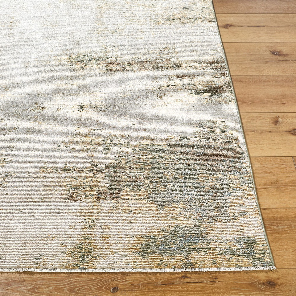 cream abstract rug closeup corner on wood floor