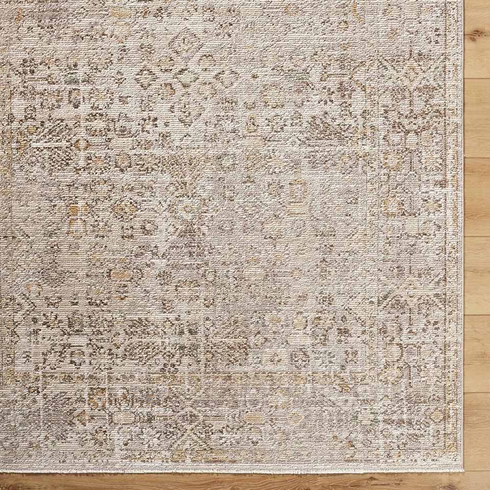 taupe abstract rug closeup corner on wood floor