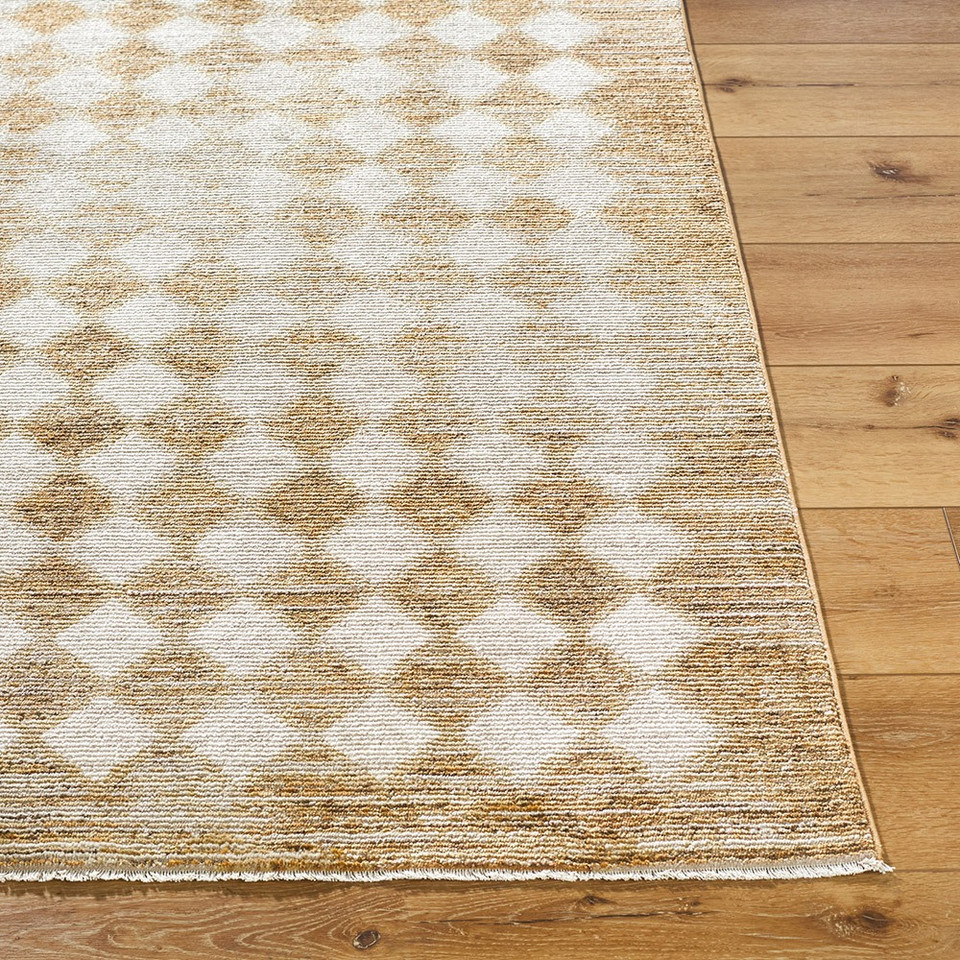 mustard geometric rug closeup corner on wood floor