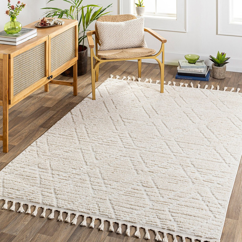 beige berber geometric rug in a room with matching decor