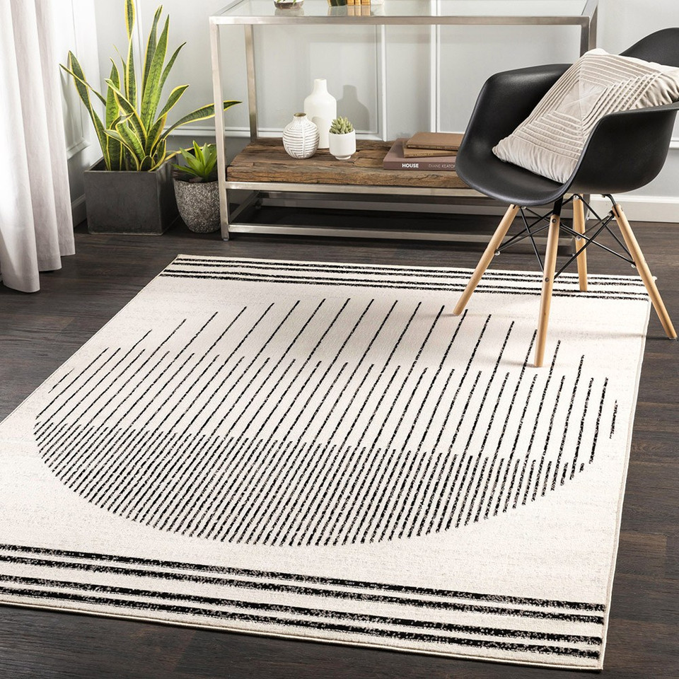 mono geometric rug in a room with matching decor