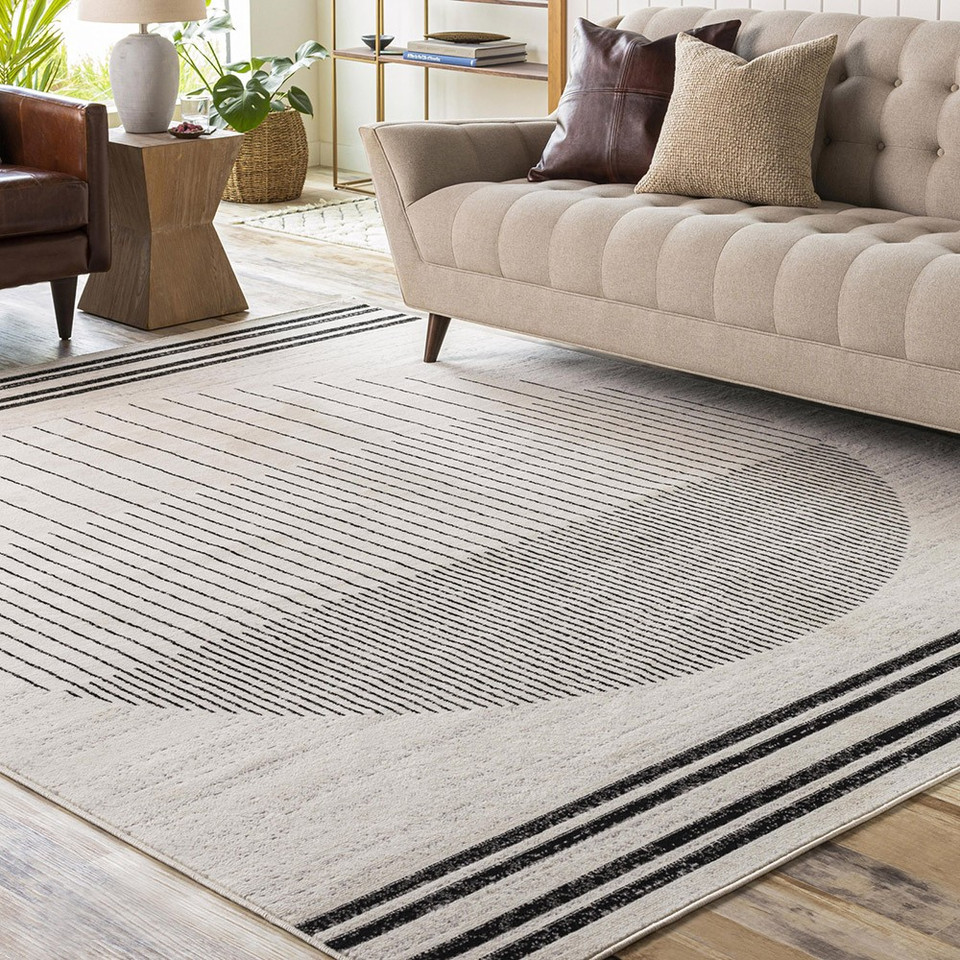 mono geometric rug in a room with matching decor