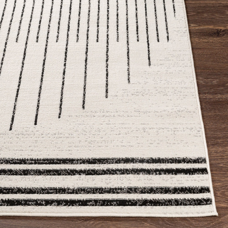 mono geometric rug closeup corner on wood floor