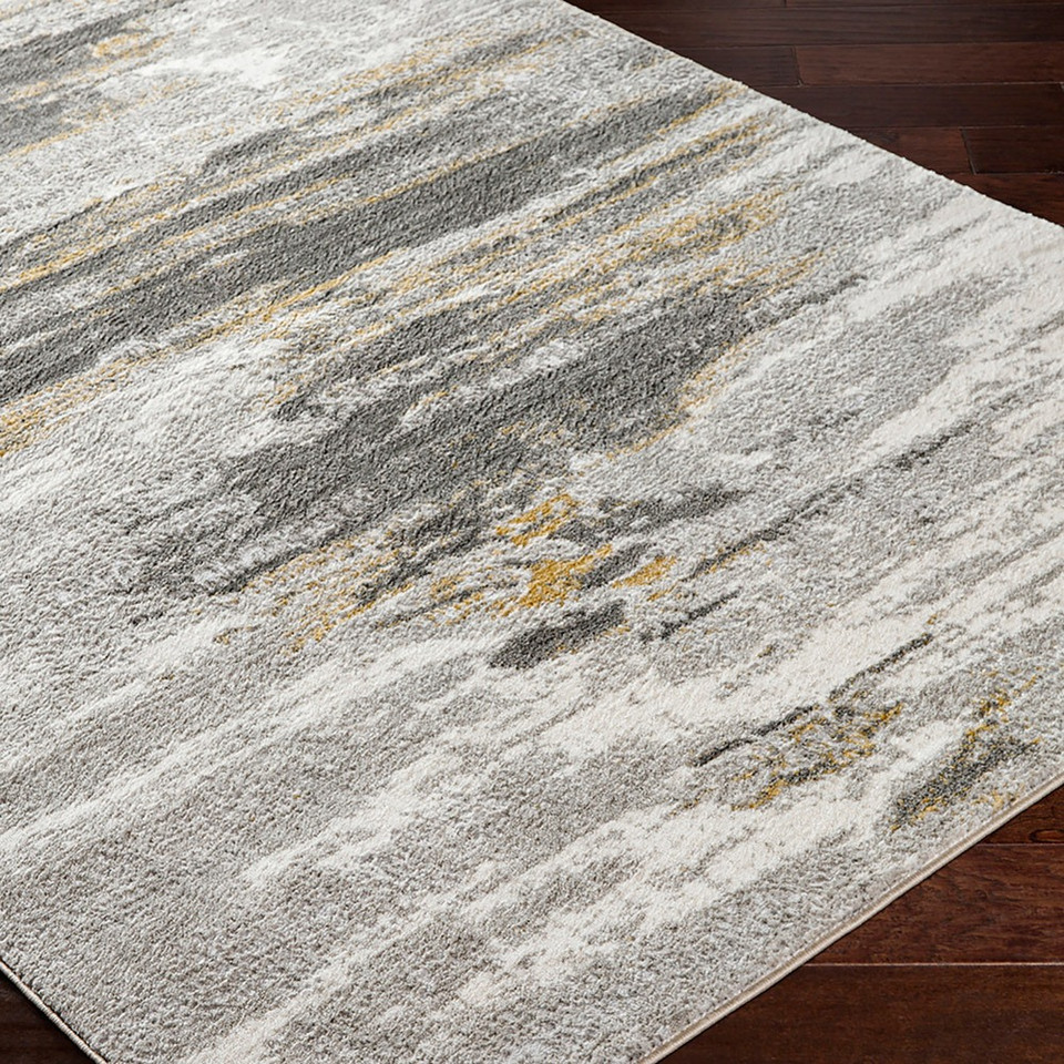 grey abstract rug closeup corner on wood floor