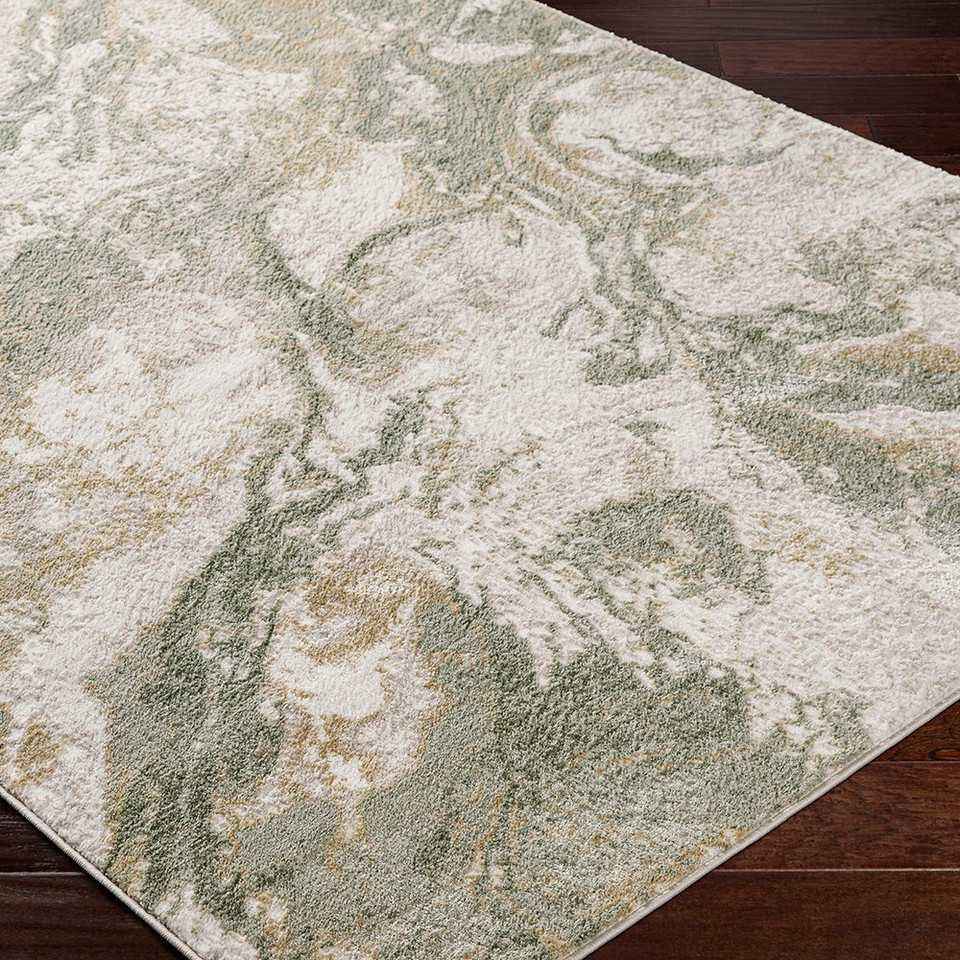green abstract rug closeup corner on wood floor