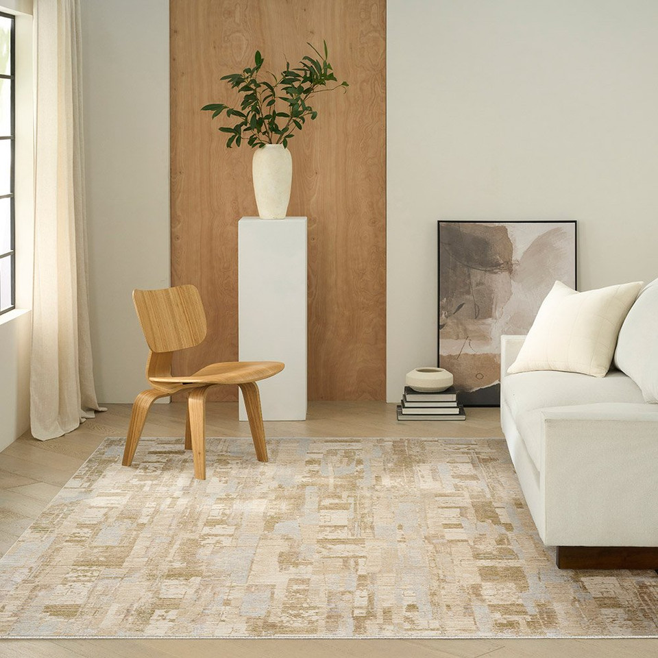 beige grey calvin klein rug in a room with matching decor