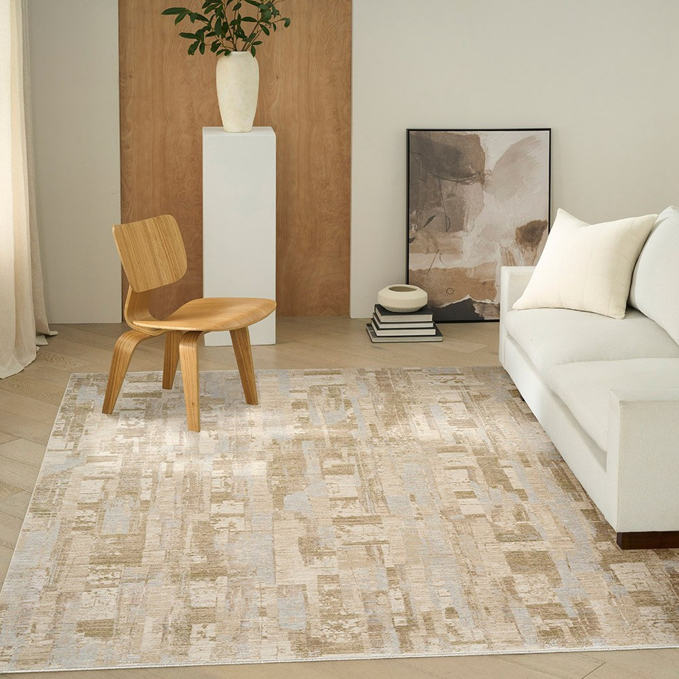 beige grey calvin klein rug in a room with matching decor