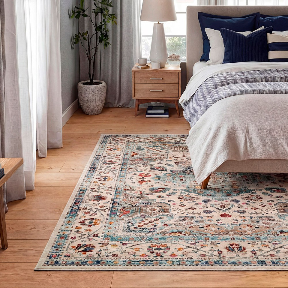 teal traditional rug in a room with matching decor