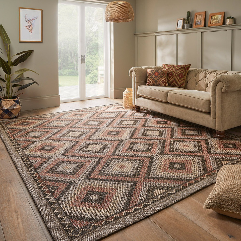 brown rust rug in a living room with matching decor
