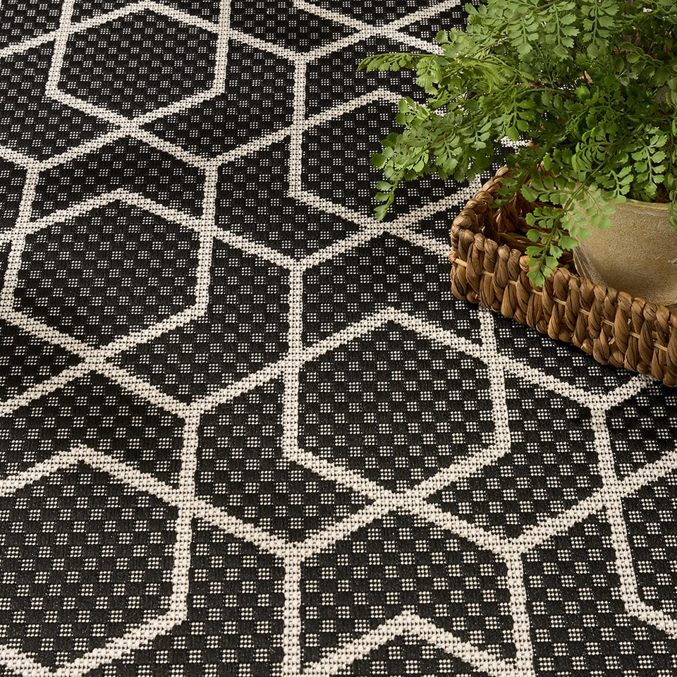 black geometric indoor outdoor rug closeup detail