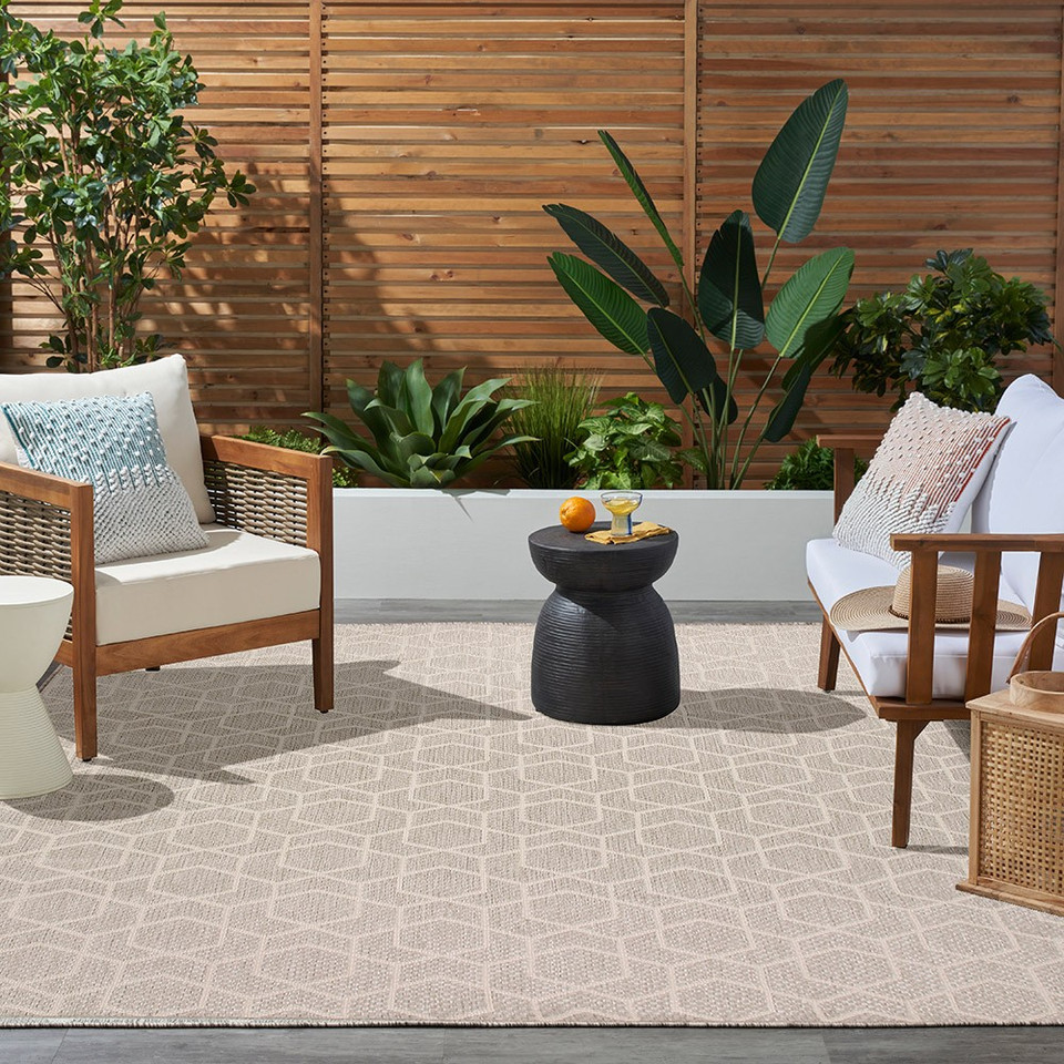 grey geometric indoor outdoor rug outside