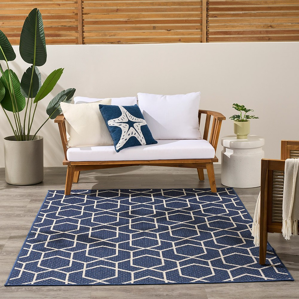 navy geometric indoor outdoor rug outside