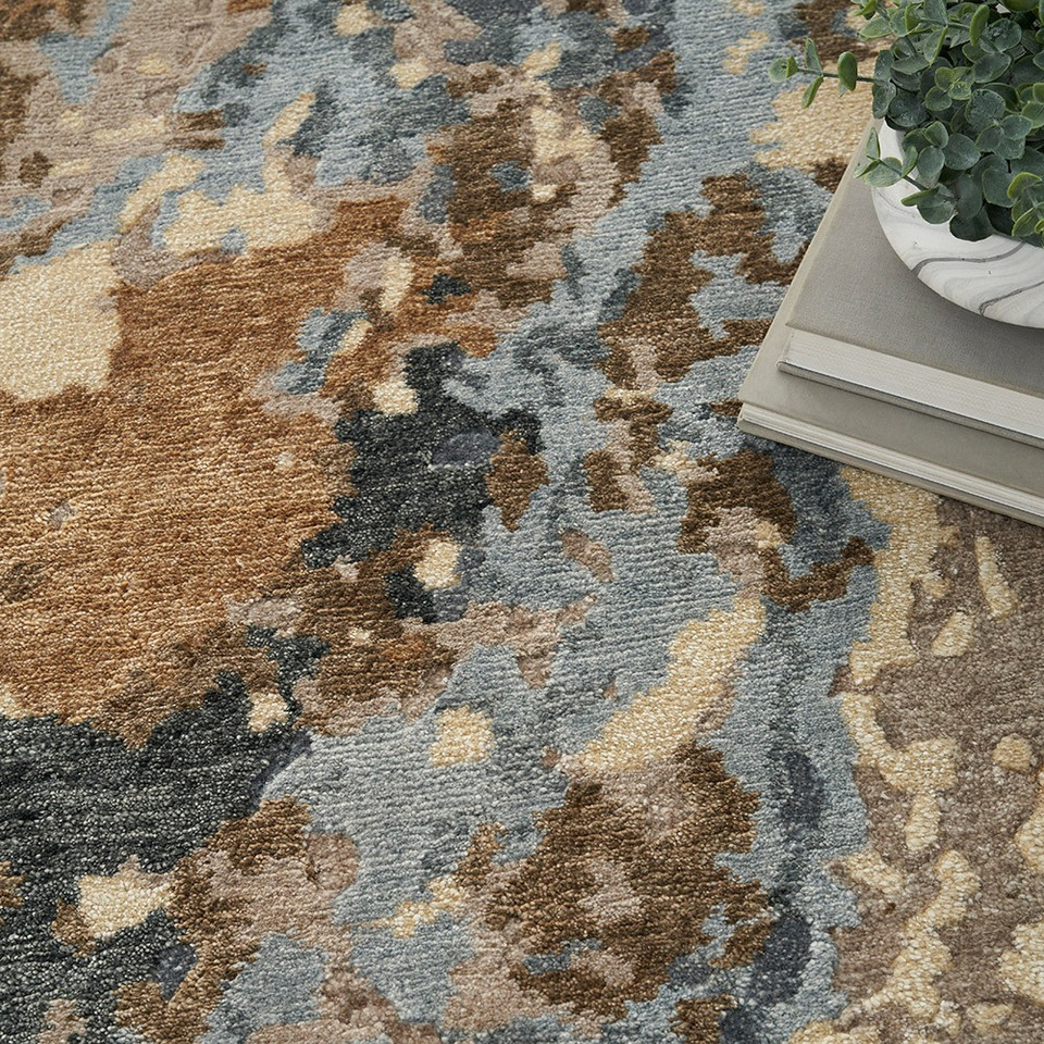 beige blue abstract rug closeup detail