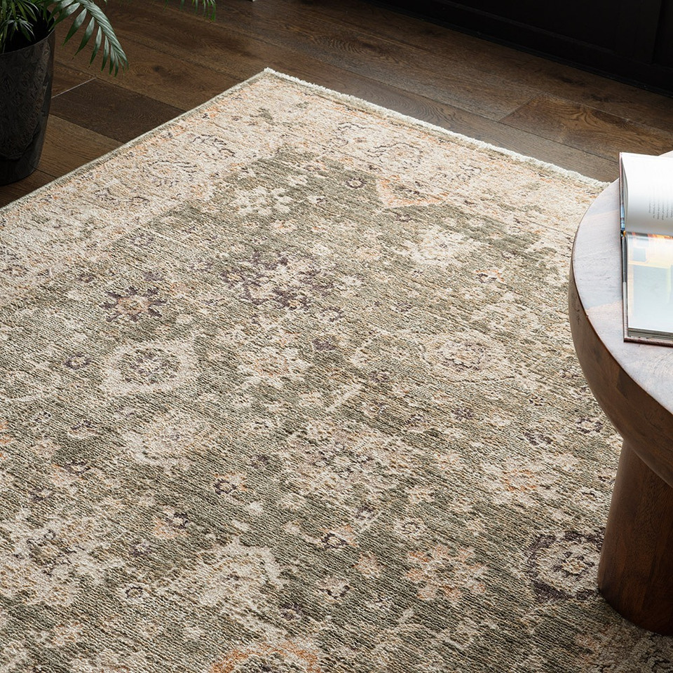 green traditional rug in a living room with matching decor