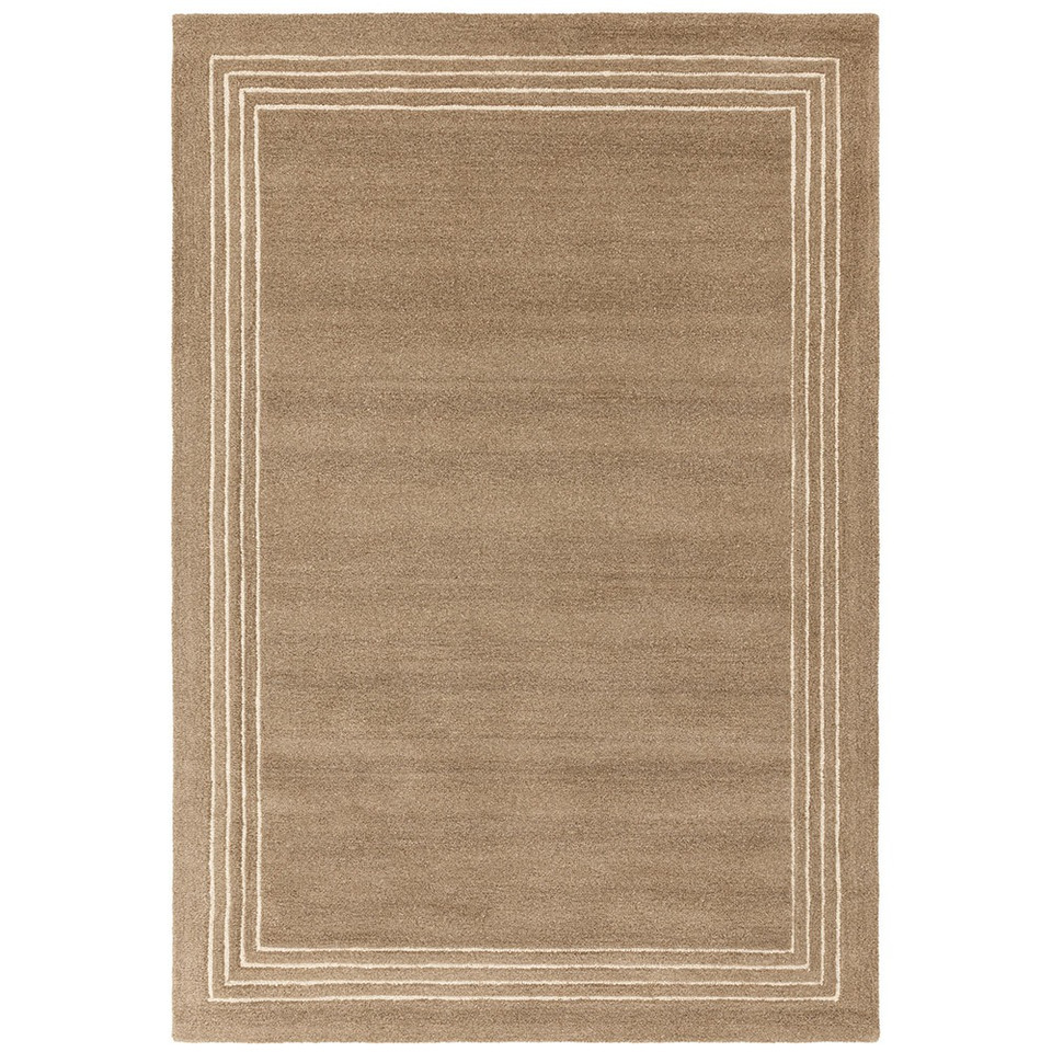 Top-down full view of the rectangular Orlo cocoa brown wool rug with a minimalist triple-stripe cream border.