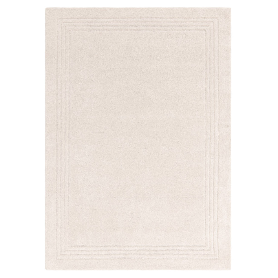 Top-down product photograph of a rectangular ivory cream wool area rug featuring a subtle triple-stripe charcoal border.
