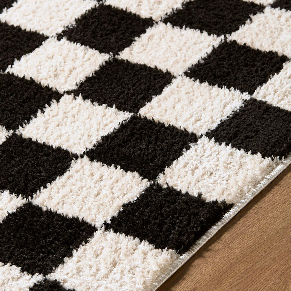 Fossay Washable Checkered Shaggy Black Rug