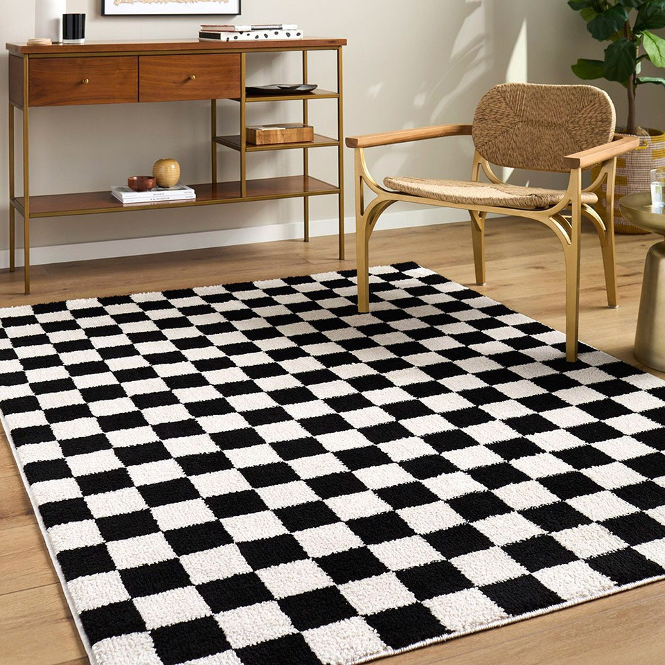 Fossay Washable Checkered Shaggy Black Rug