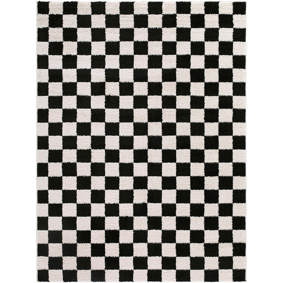 Fossay Washable Checkered Shaggy Black Rug