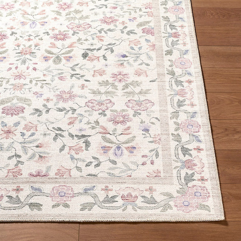 Thistle Floral Washable Pink Rug