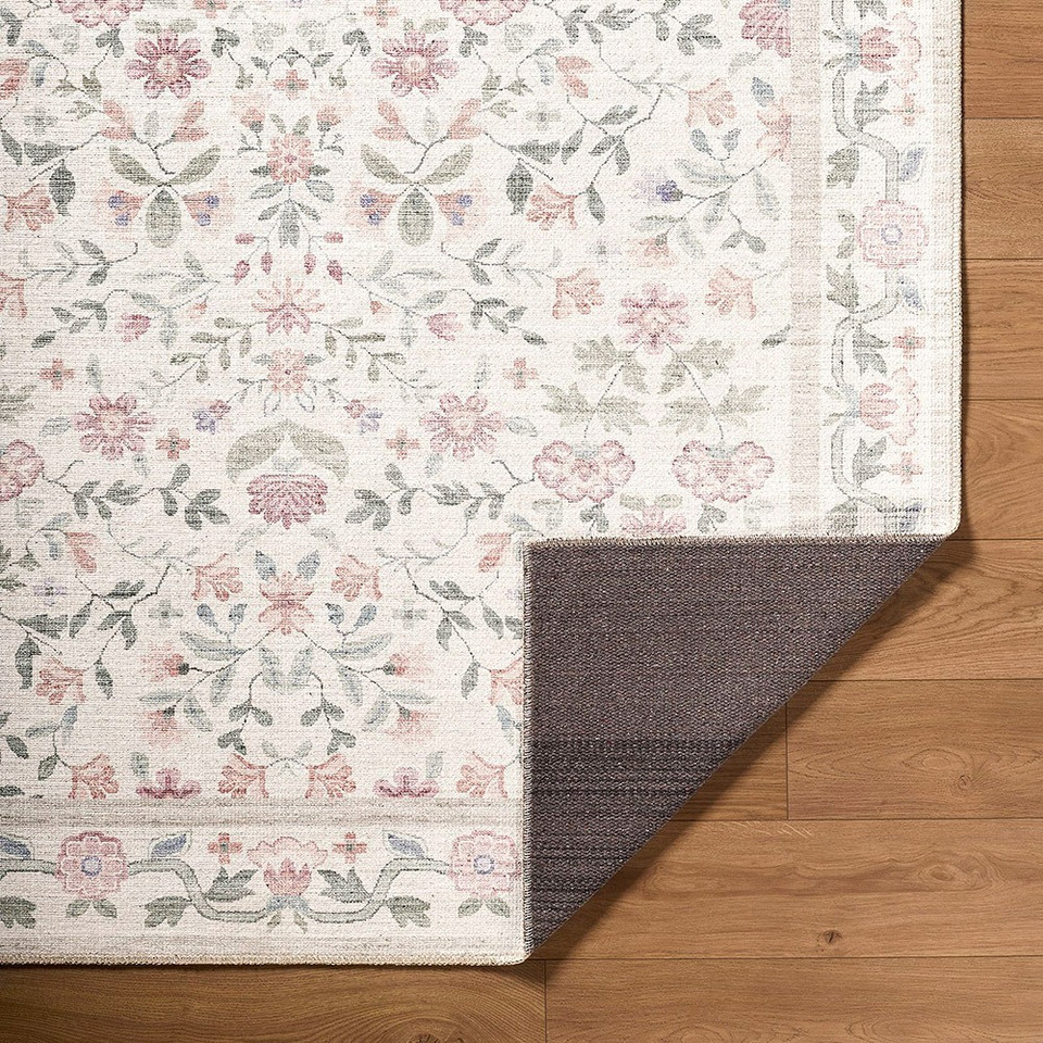 Thistle Floral Washable Pink Rug